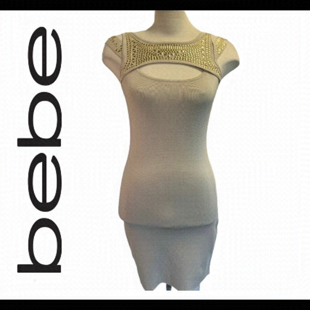 BEBE tan gold embellished bandage dress Sz medium